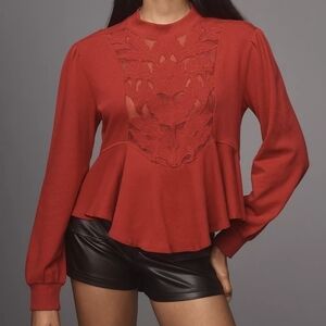 By Anthropologie Cutwork Embroidered Lace Floral Sheer Swing Top in Wine, XS